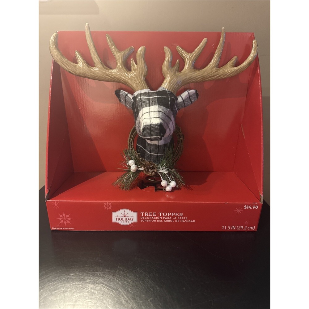 NEW Plaid Reindeer Head Christmas Tree Topper 14" Holiday Time rare HTF - Picture 1 of 8